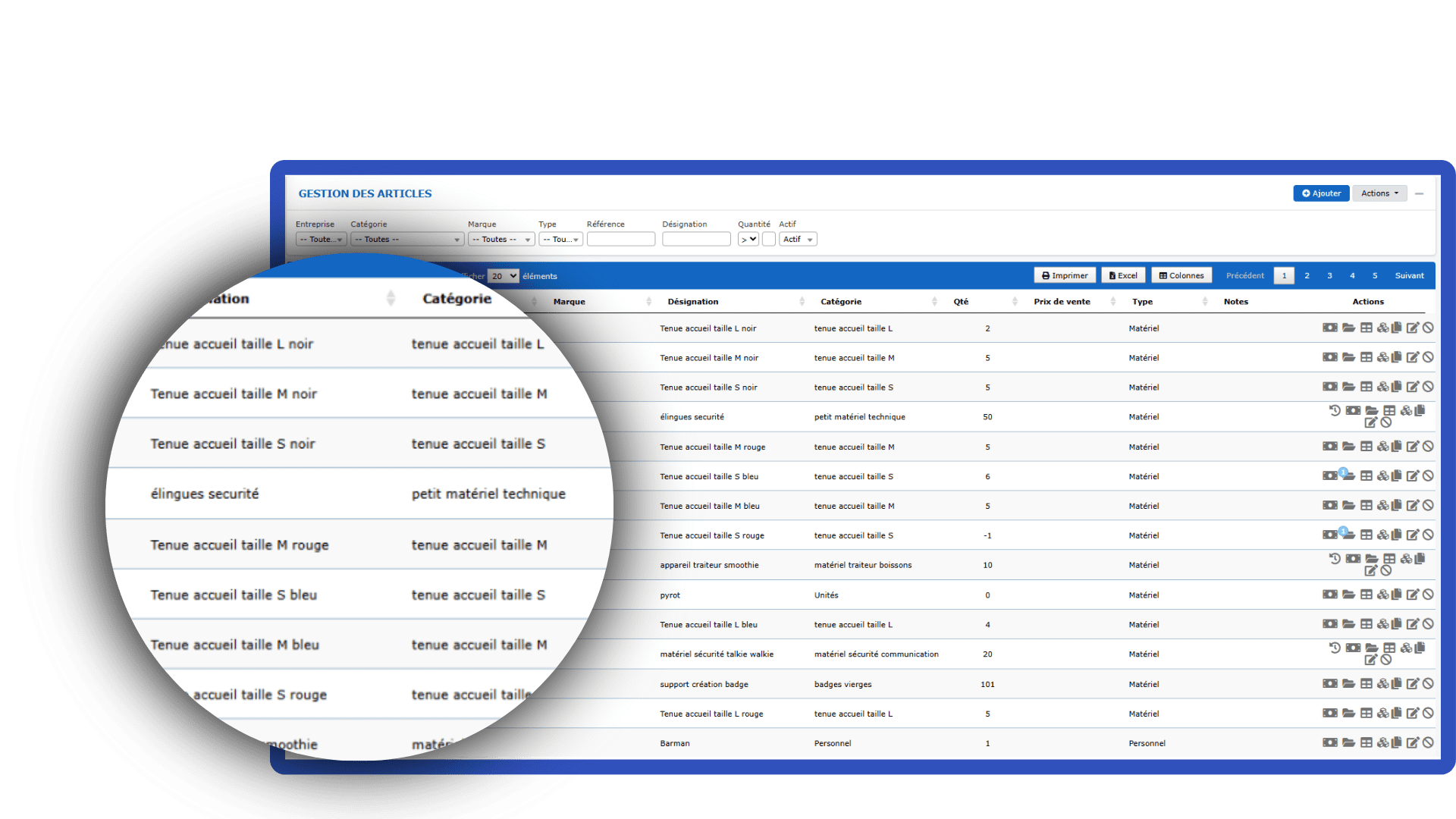 Zoom sur le module de la gestion des articles avec différentes colonnes