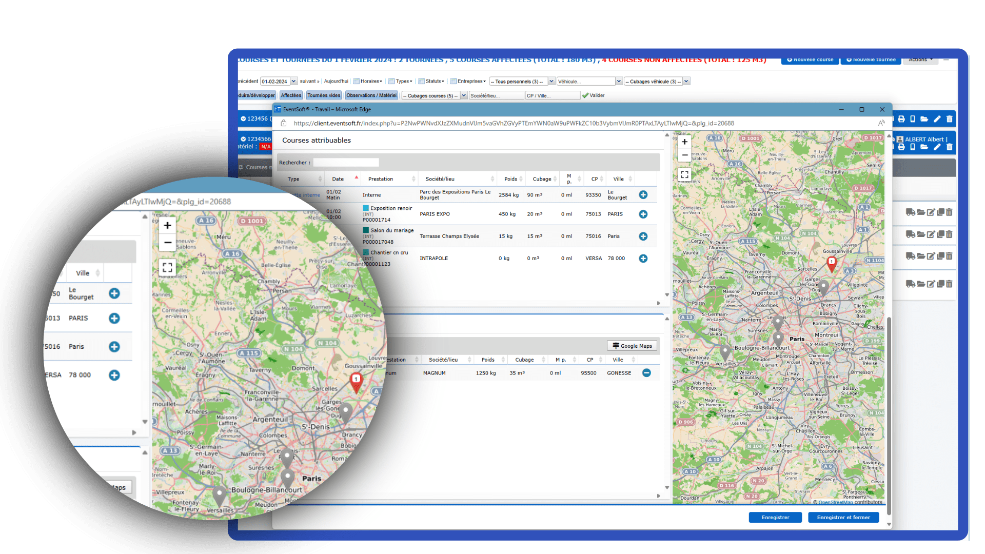 Carte interactive des courses et prestations dans l’interface EventSoft.