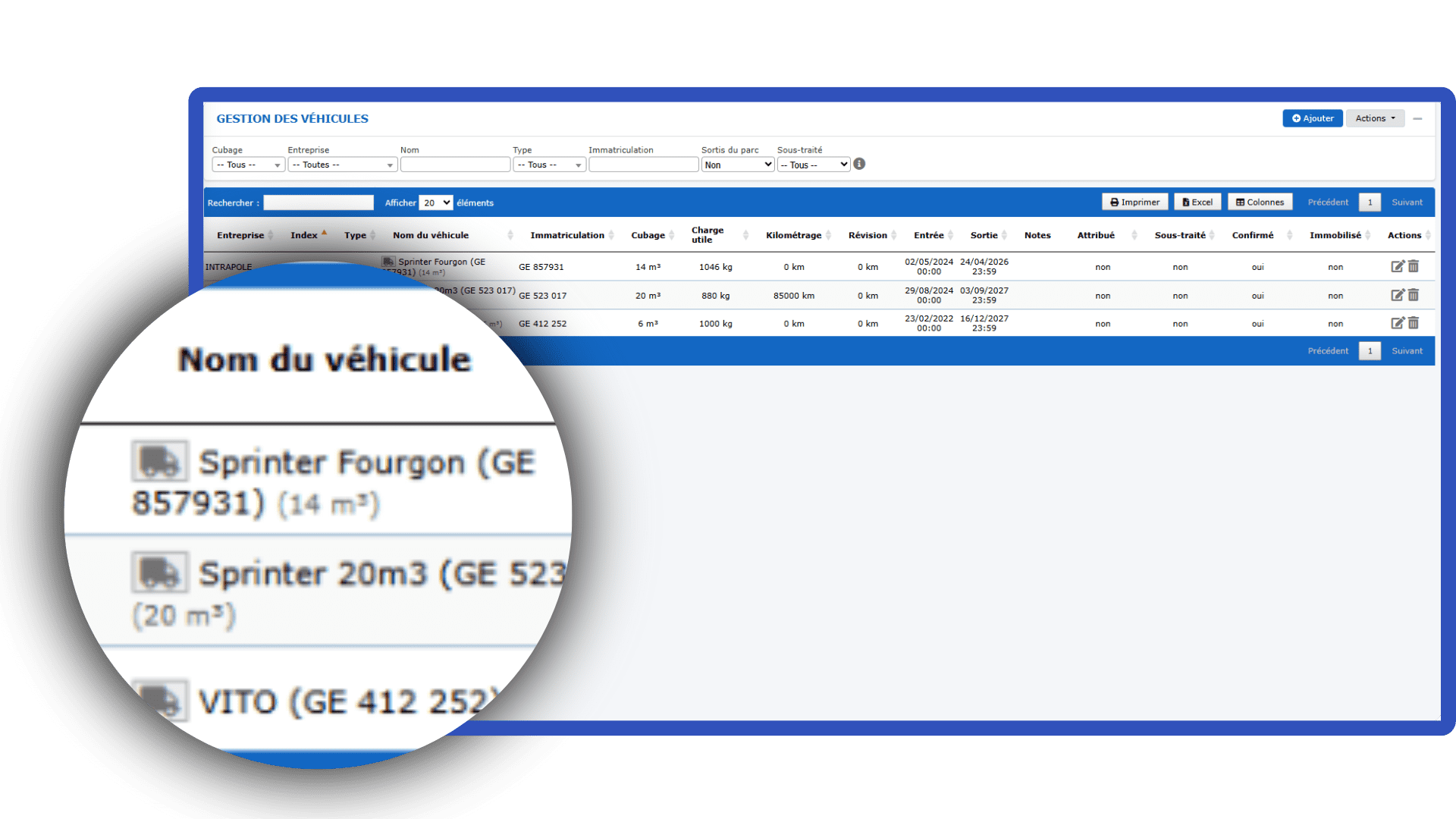 Présentation de l'onglet gestion des véhicules dans le logiciel EventSoft