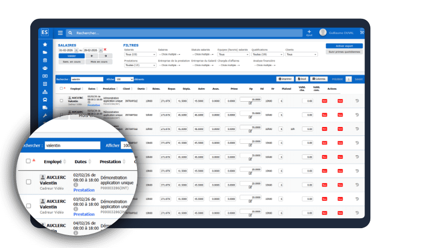 Zoom sur le module Salaires avec le détail des salaires par employé